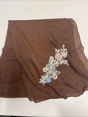 NWT cotton Brown Floral Appliqué hijab Scarf shawl with Beaded Detail
